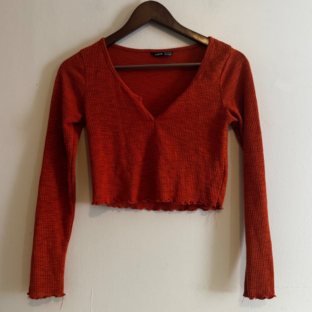 Women's Sm Burnt Orange Waffle Knit Crop Top V-Neck Fall Fairy Basics